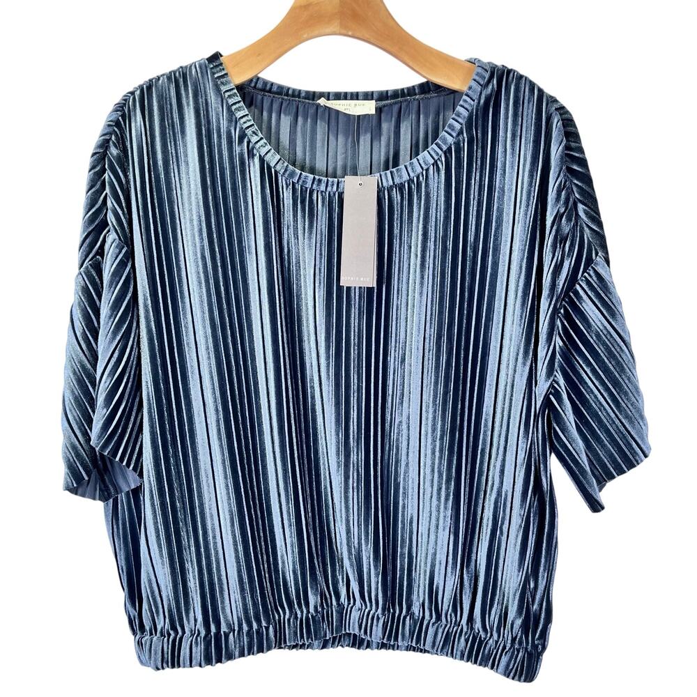 Velvet Pleated Light Blue Cropped Top Blouse Sz L Shimmery Peasant Witchy Boho